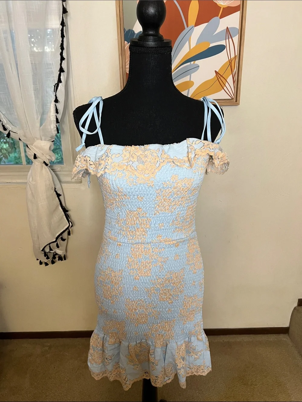 Storia Light Blue & Cream Lace Cocktail Dress Size S - Picture 2 of 8